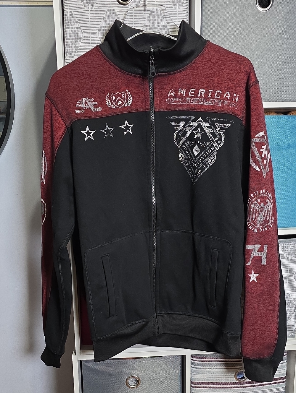 American Fighter Men's Graphic Zip-Up Sweater Jacket - Black & Maroon Reversible